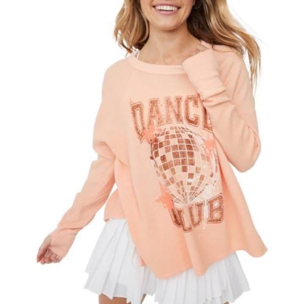 Offline by Aerie T Shirt Large Dance Club Waffle Knit Long Sleeve Peach Orange - Picture 1 of 15